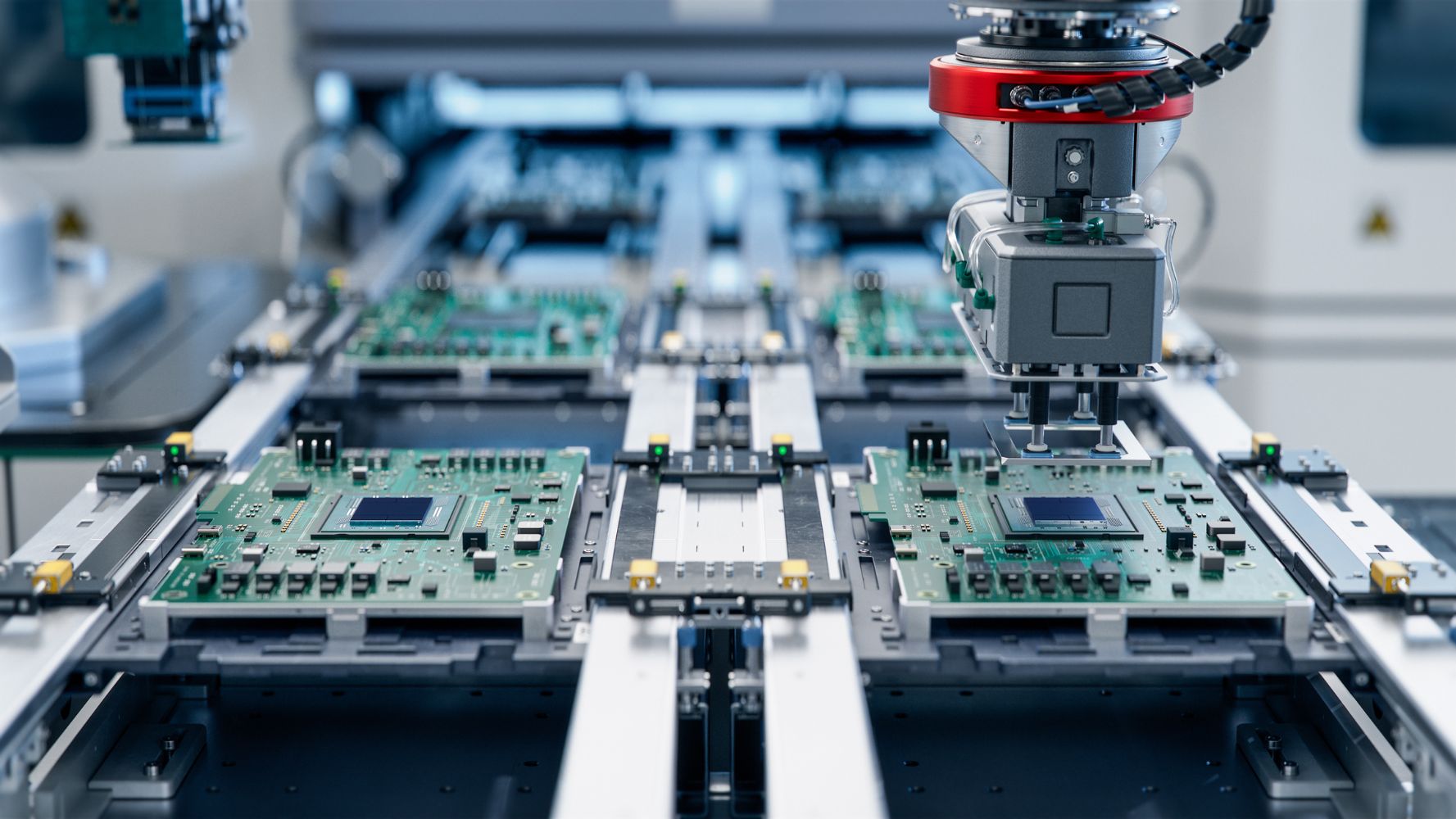 Component Installation on Circuit Board. Fully Automated Modern PCB Assembly Line