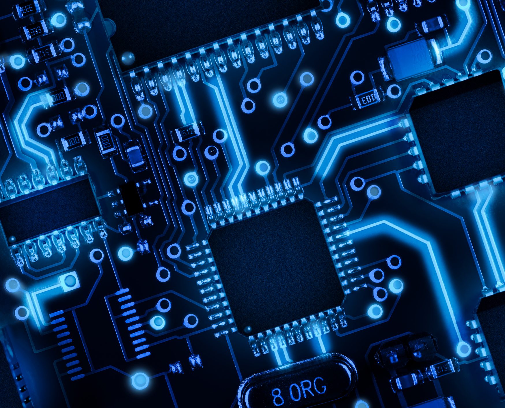 Printed circuit board with components, with highlighted connections between each element. Abstract high tech background.